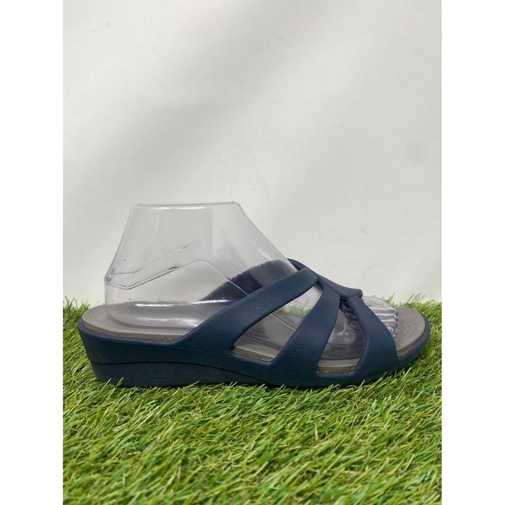Crocs Sanrah Dual Comfort Wedge Slides Women's Sz 7 Blue Slip-On Sandals Comfort